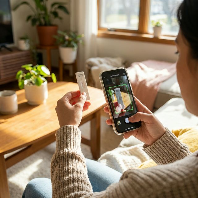Person scanning a rapid test kit with their smartphone at home — convenient health diagnostics